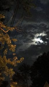 Overcast Night Sky With The Moon Shining Through Clouds. 